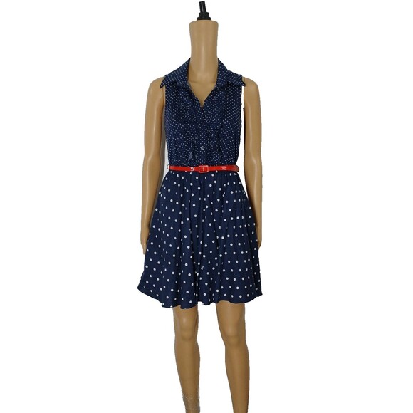 Rue 21 Women's Size Small Polka Dot Blue Belted Ruffles Mini Dress Pullover - Picture 1 of 9